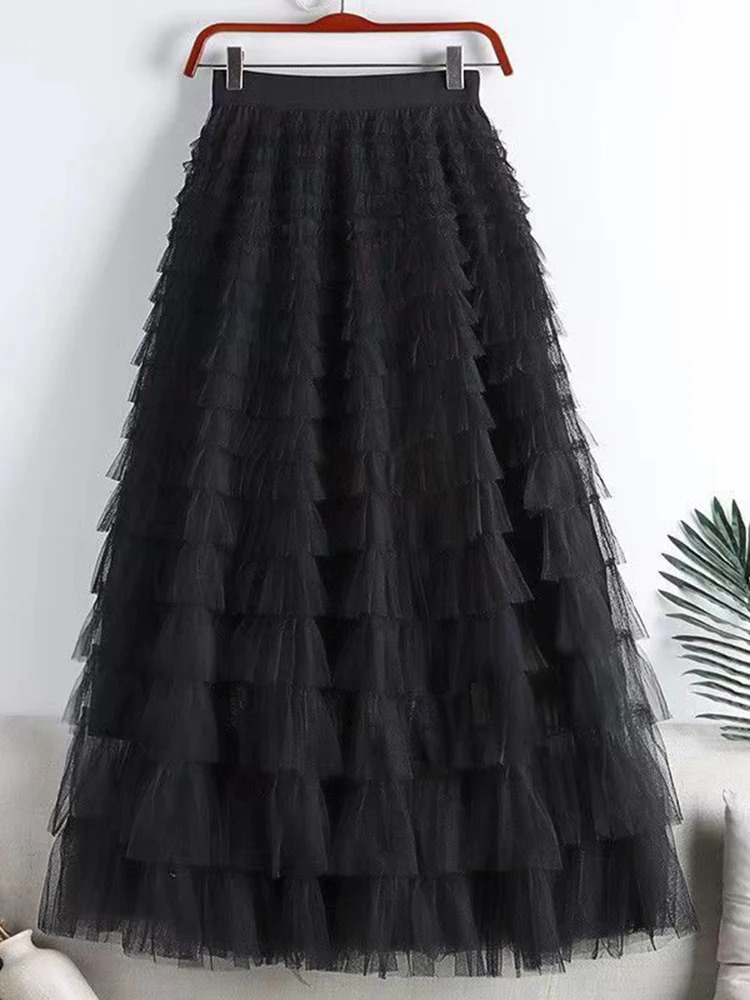LANMREM Fashion Mesh Skirt Women High Waist Aline Gauze Spliced Solid Color Loose Skirts Versatile Spring 2AA4000 250213