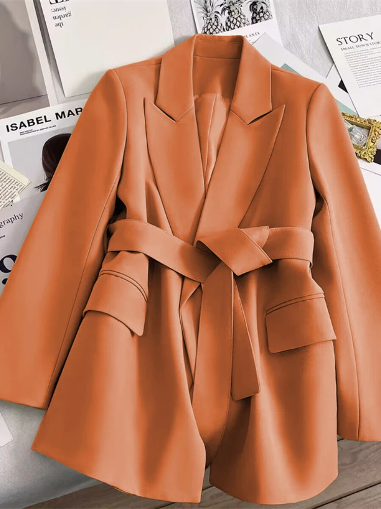 Womens Blazers Spring Autumn Suit Coat Beige Tie Up Jacket Slim Fit Stylish Top Outerwear Office Lady Blazer for Women Clothing 250213
