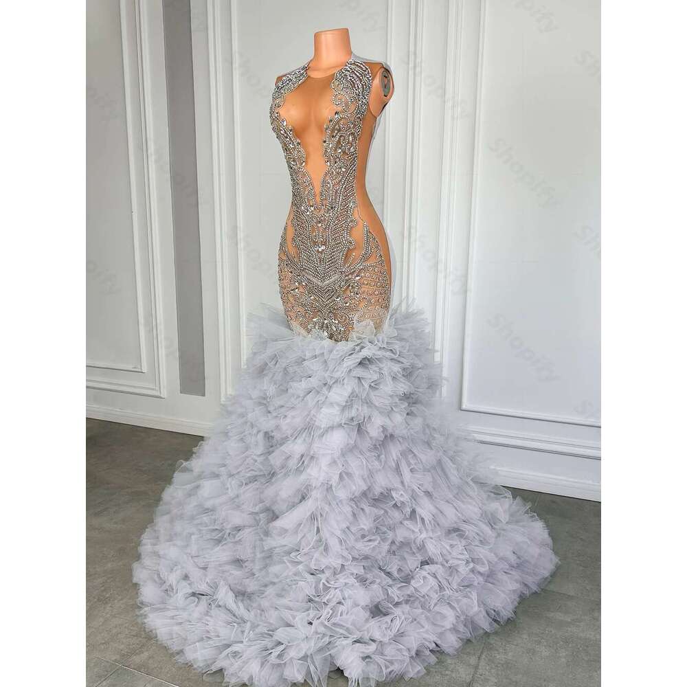 Puffy Layered Pleated Silver Long Black Gown Girls Crystal Rhinestone See Through Mermaid Custom Ball Gowns prom