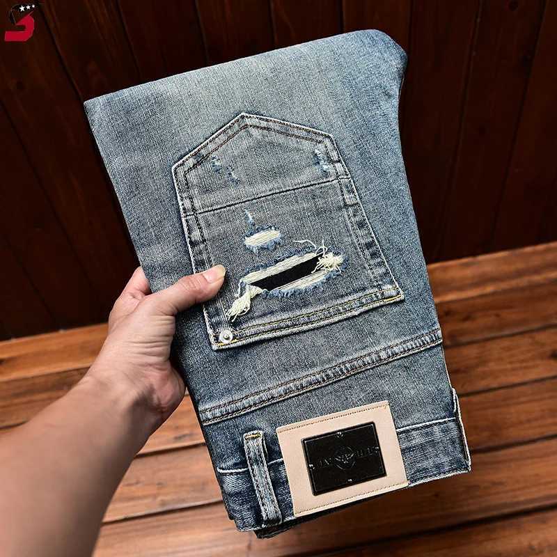 2024 personality Street jeans mens fall slim fit skinny fashion ripped patch scrape denim trousers X250220