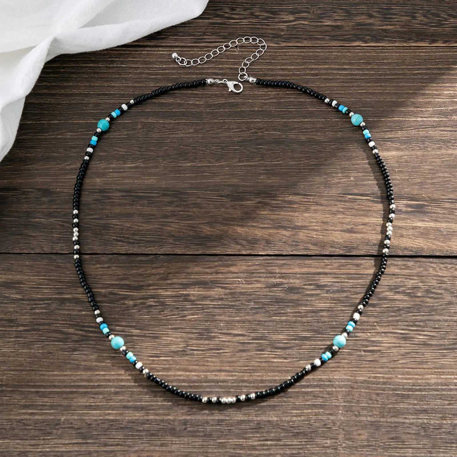 Synthetic Turquoise Necklaces for Men BoysMini Black Beaded NecklacesSummer Beach Male JewelryXJ250219