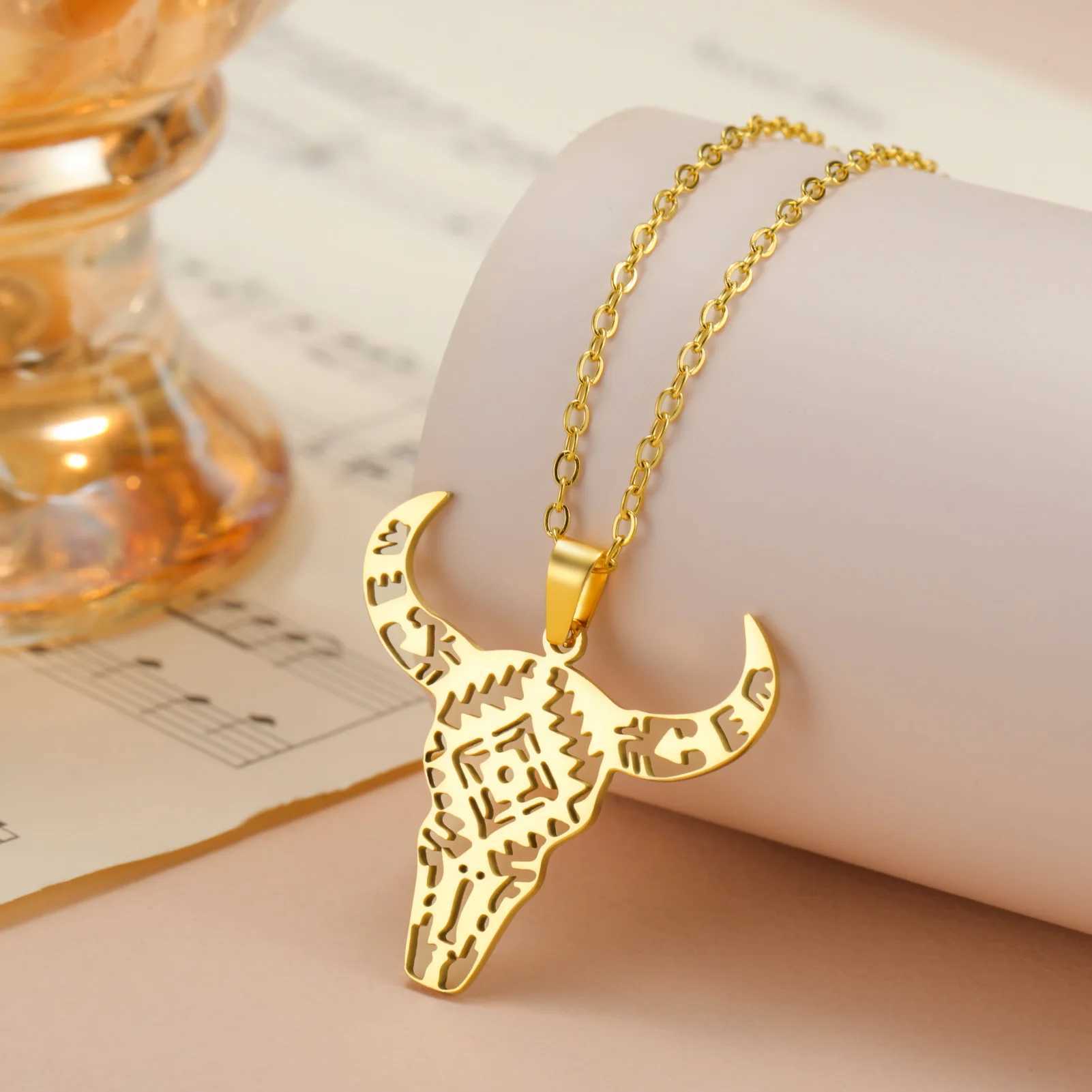 Unift Stainl Steel Bull Head Necklaces for Women Teen Strength Power Spiritual Animal Pendant Punk Hip Hop Statement JewelryXJ250219