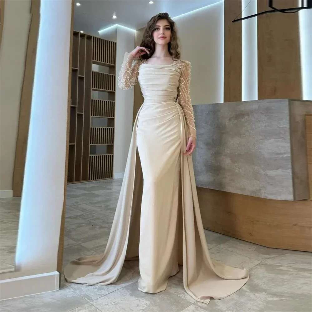 Custom Prom Dresses Women Dress Formal Square Collar Column Floor Length Skirts Shirted Draped Beads Pearl Tailored
