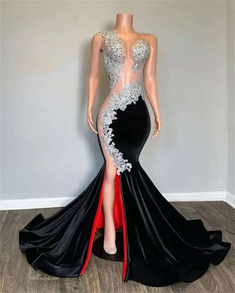 Black Veet Prom Mermaid Sliver Beaded Crystals Slit With Red Ning For Special Ocns Evening Gala Dress Customized 0220