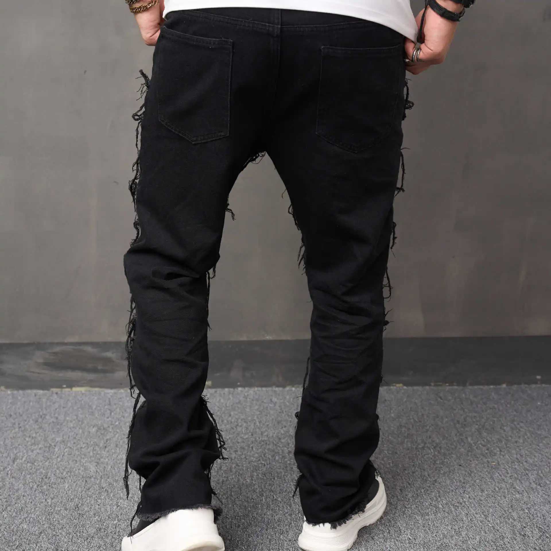 2024 New Mens Loose Fashionable Wide-leg Casual Solid Color American Denim Long Pants with Ripped Holes and Whiskering. X250220