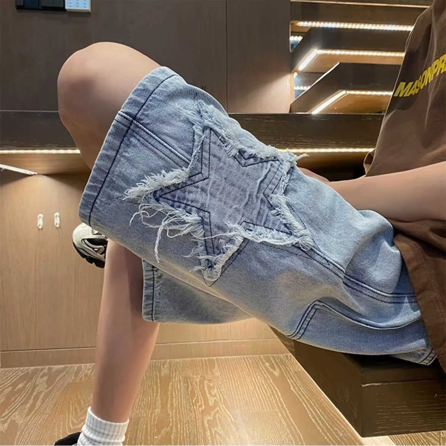 Star Patchwork Yellow Clay Color Jeans Summer Men Denim Shorts Trendy Streetwear Five-point Pants Straight Jeans Shorts X250220