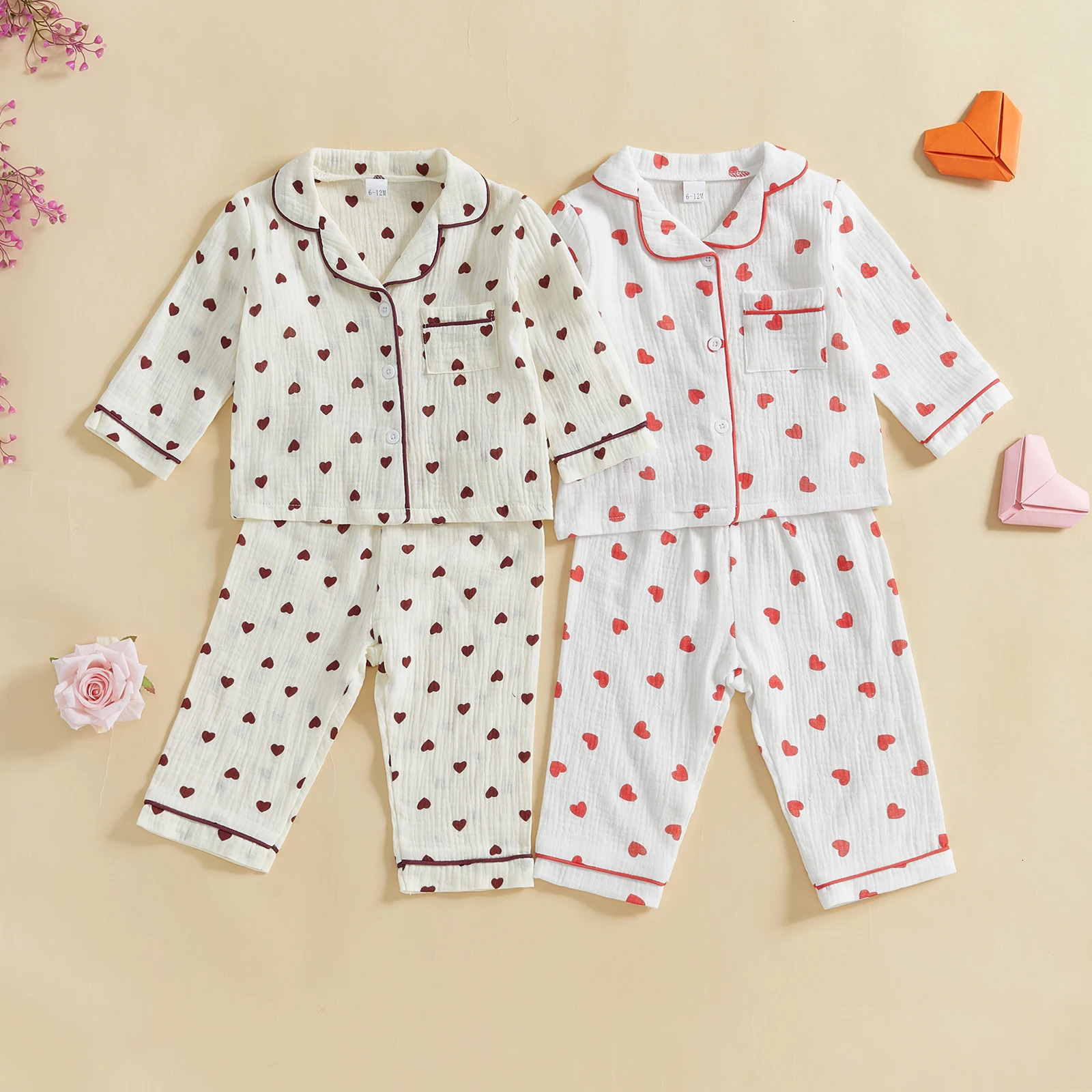 MISOWMNJOY Soft Cotton Kids Girls Boys Pajama Sets Valentines Day Children Sleepwear Heart Long Sleeves Shirt Pants Loungewear 250219