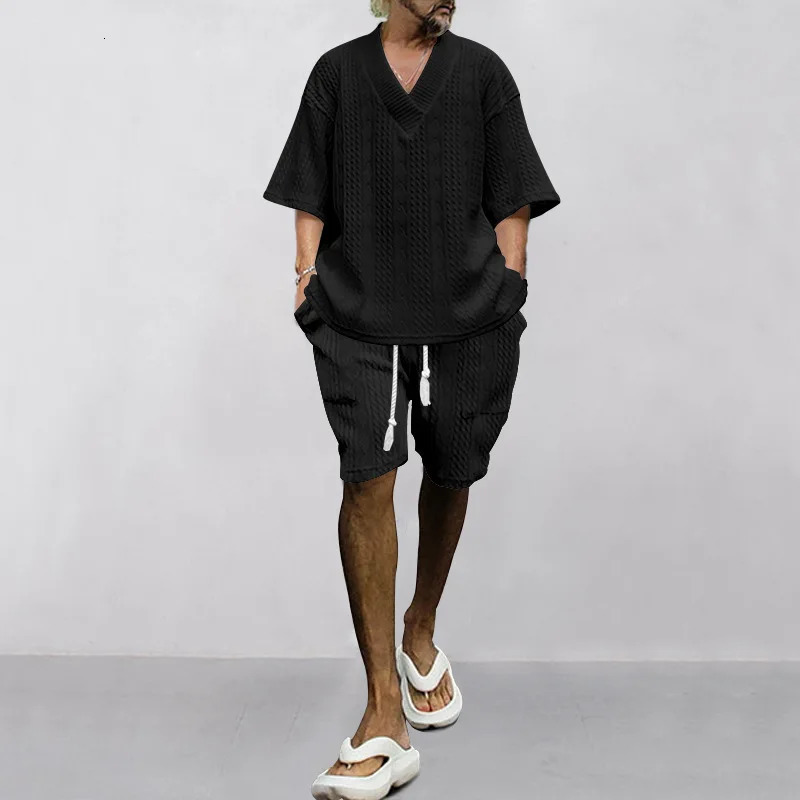 casual loose one seventh sleeve jacquard Vneck top mens beach vacation set European size 2piece 250220