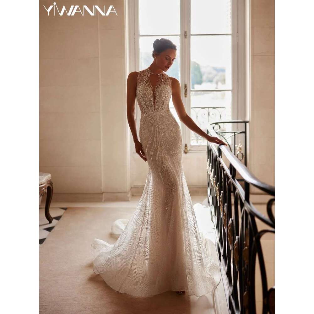 Glitter Sequins Beads Mermaid Long Wedding Dress Sexy Illusion Sleeveless Bridal Gown Customized High Collar Dresses For Bride