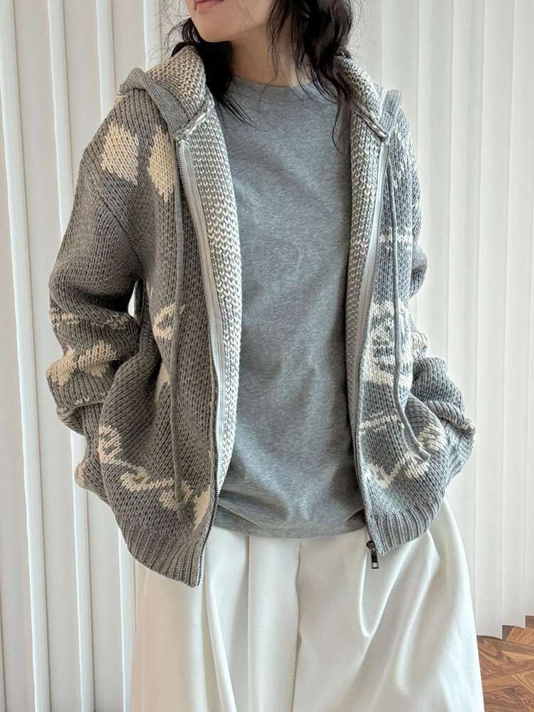 Hooded Plaid Knit Cardigan Women's Long Sleeve Thick Warm Drawstring Design Coats 2024 Winter New 26C1130