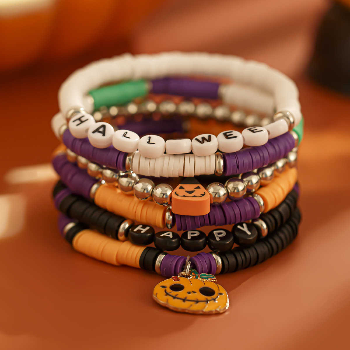 Charm Bracelets Halloween Pumpkin Soft Ceramic Bracelet Punk Alloy Letter Gothic Style Multi Layer Bracelet H25220