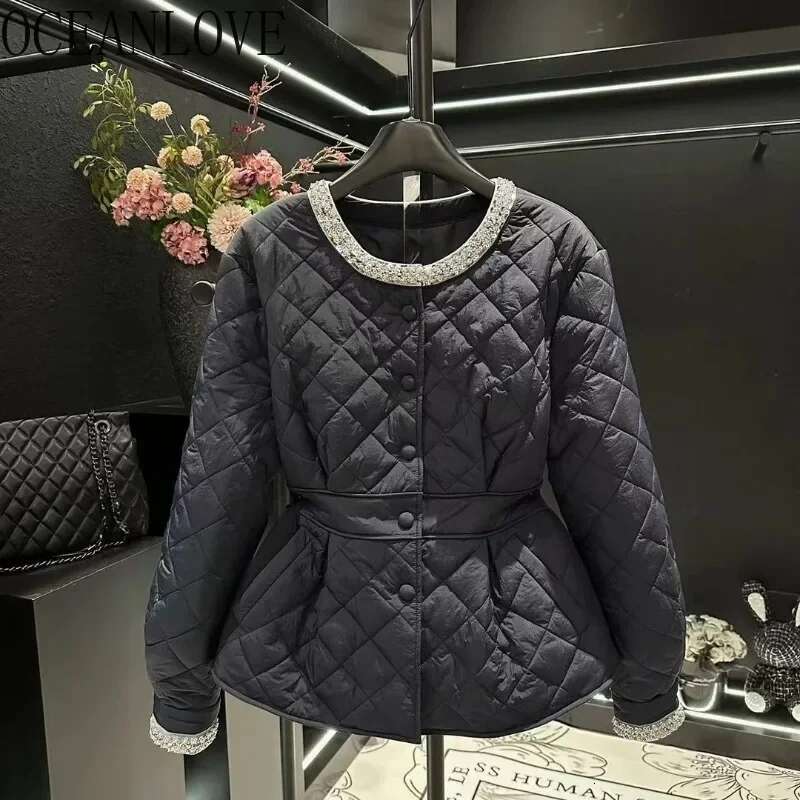 OCEANLOVE Sequins Autumn Winter Jackets Women Black Korean Fashion Parkas Elegant Vintage Sweet Chaqueta Mujer