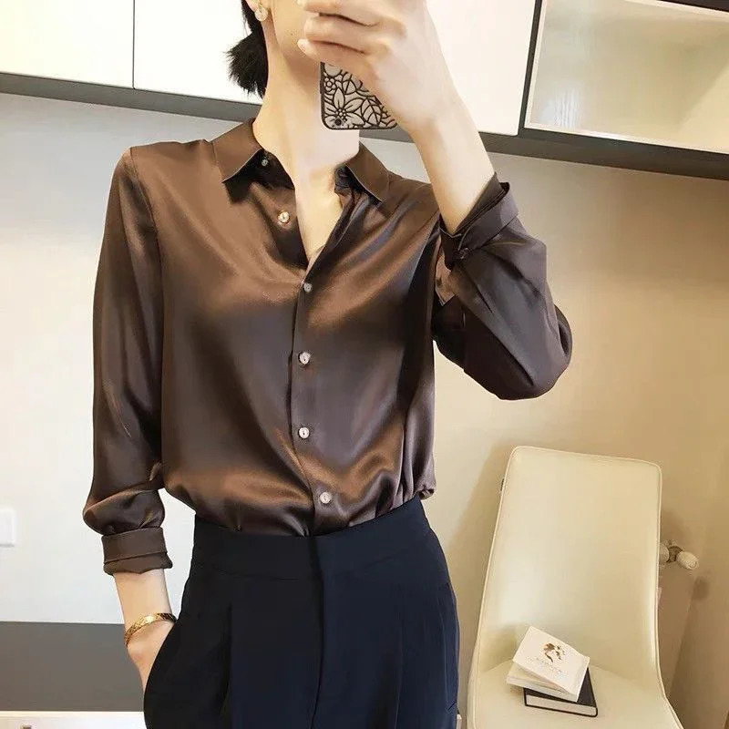 Womens Satin Shirts Elegant Plain Long Sleeve Blouse Office Lady ButtonUp Shirt Top Female Crew Neck Spring 250219