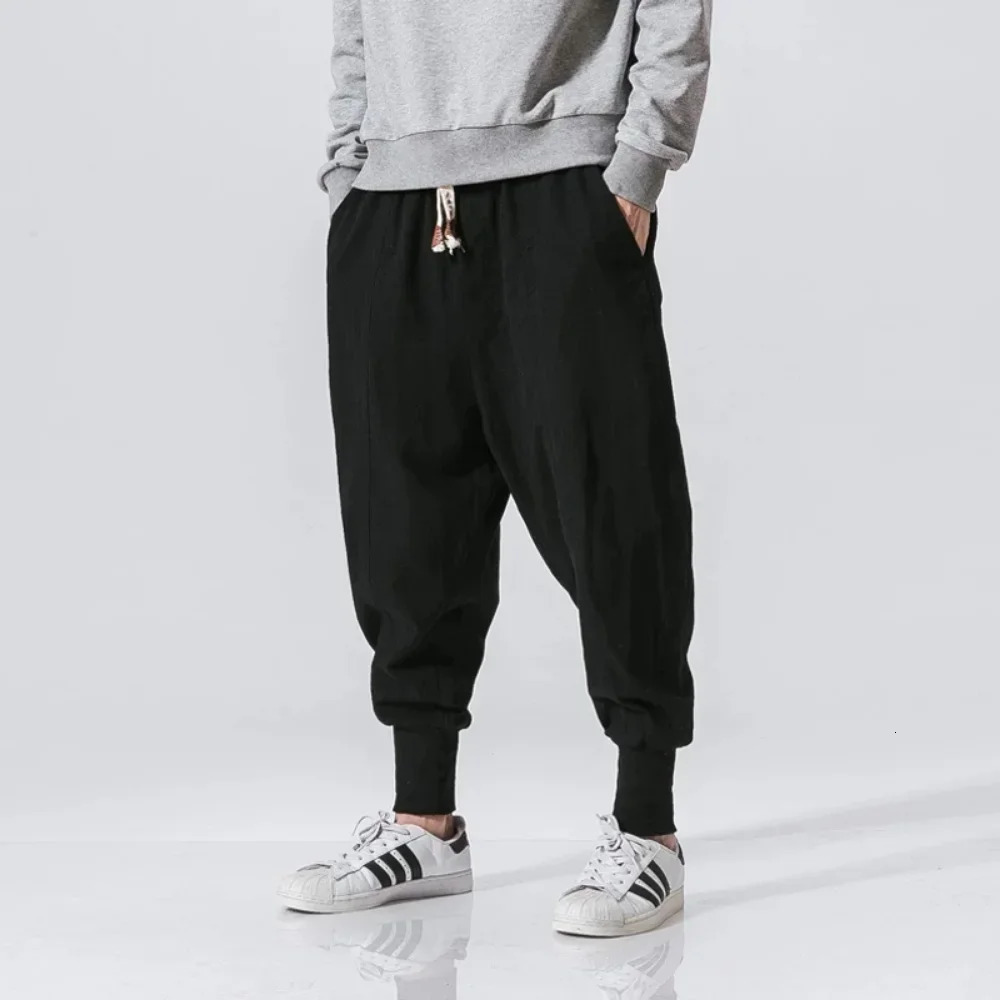 Cotton Linen Harem Pants Men Solid Elastic Waist Streetwear Joggers Baggy Drop-crotch Pants Casual Trousers Men 250218