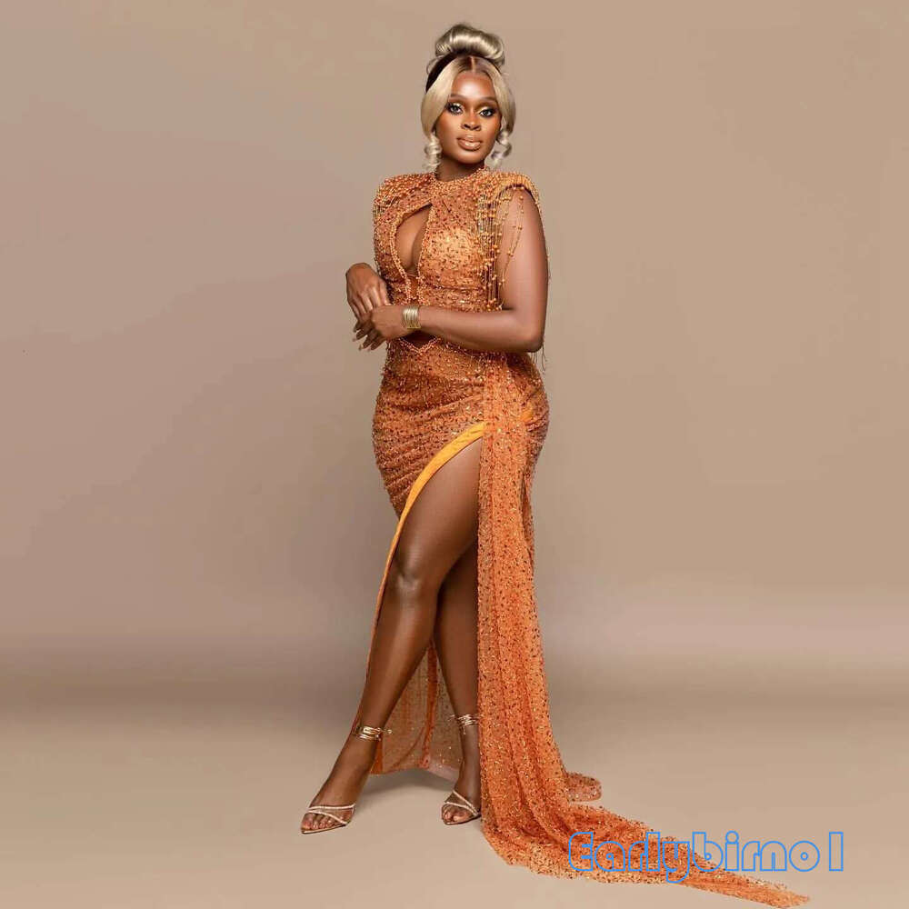 Aso Ebi Orange Sheath Prom Dresses 2025 Beadings Pearls Sequined Evening Formal Party Second Birthday Engagement Gowns Plus Size Dress For Special Ocn