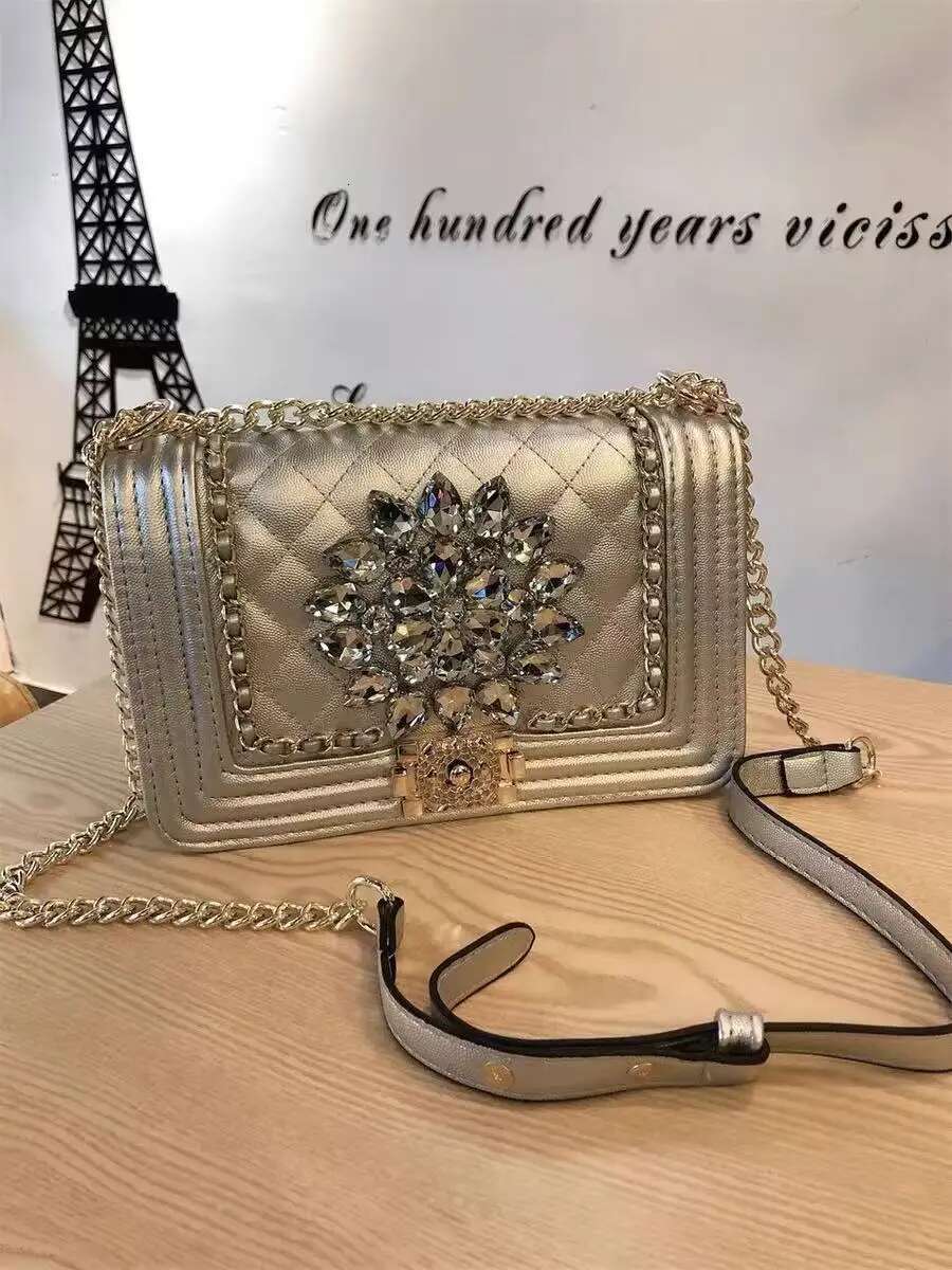 High Quality Textured Leather Fashion Plaid Square Crystal Shiny Rhies Women Handbag Shoulder Messenger Bag Lady Purse