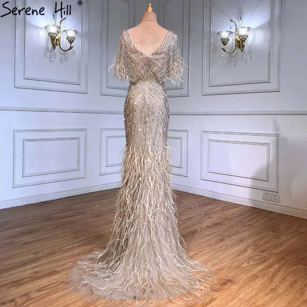 Mermaid Brown Evening Dresses Gowns Beaded Feather Elegant Customize Party BLA