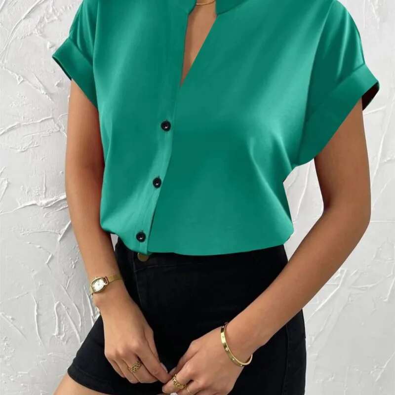 Summer Minimalist V-Neck 2025 Elegant Women's Satin Red Short Sleeved Single Breasted Casual Fitting Office Shirt