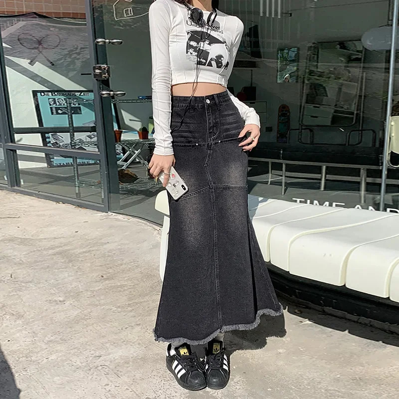 Nichefringe Black Grey Denim Skirt Womens Slimming Versatile MediumLength Fish Tail Spring 2024 Arrival 250220