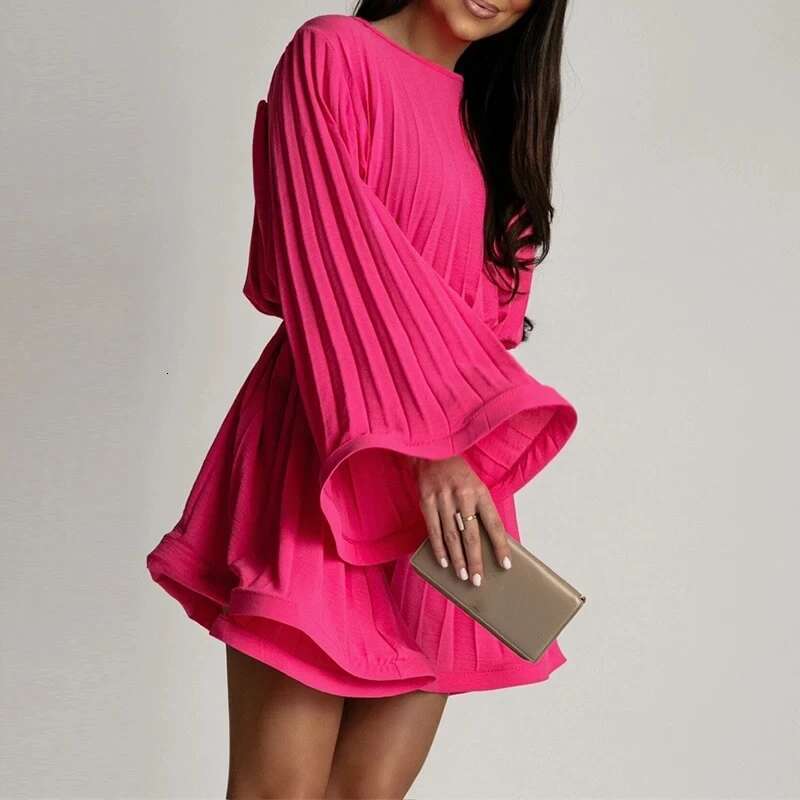 2025 08 New Spring Summer Elegant Fashion Solid Round Neck Flared Sleeve Lace-Up Pleated Mini Dress Women