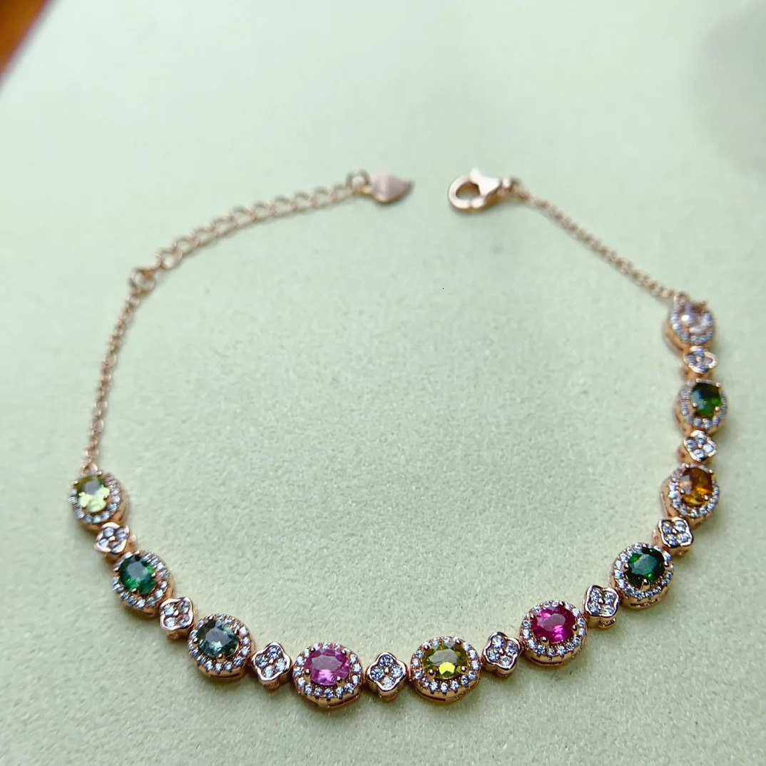 FS S925 Sterling Silver Inlay 34mm Natural Tourmaline Bracelet With Certificate Fine Charm Weddings Jewelry for Women MeiBaPJ 250213