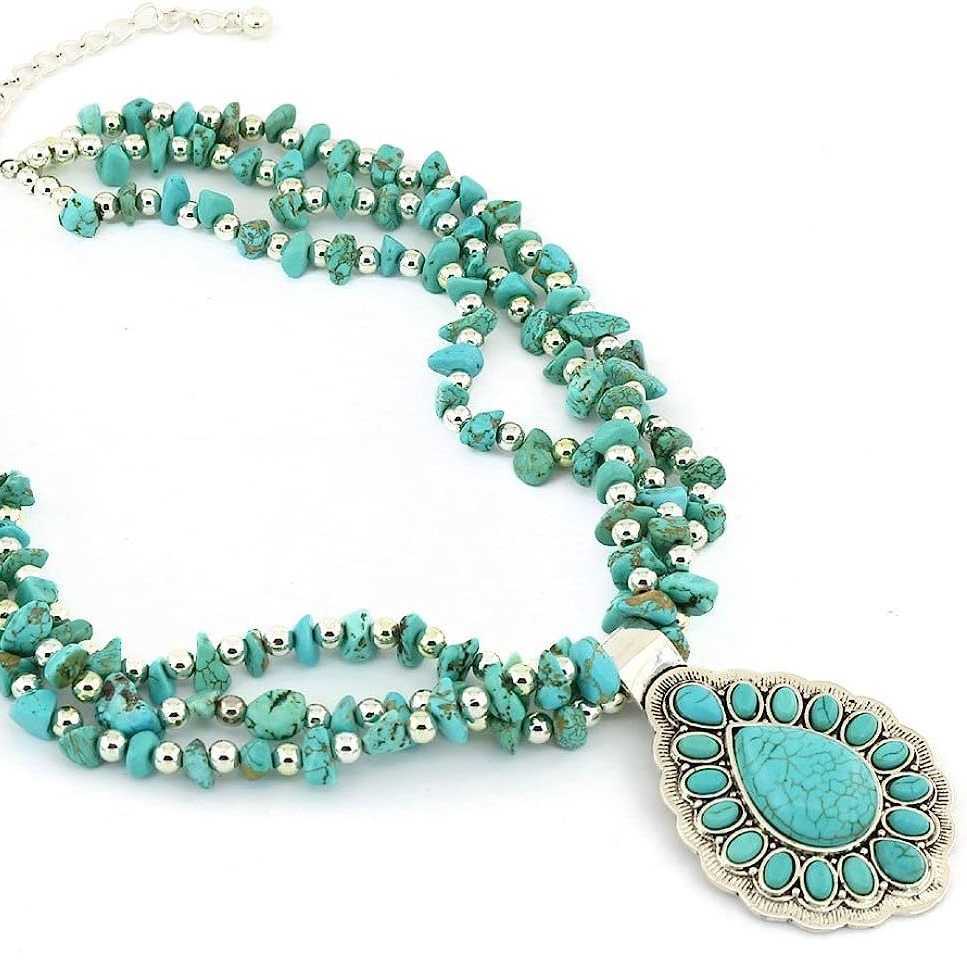 Pendant Necklaces Bohemian style turquoise necklace bead jewelry natural gravel necklace H25219