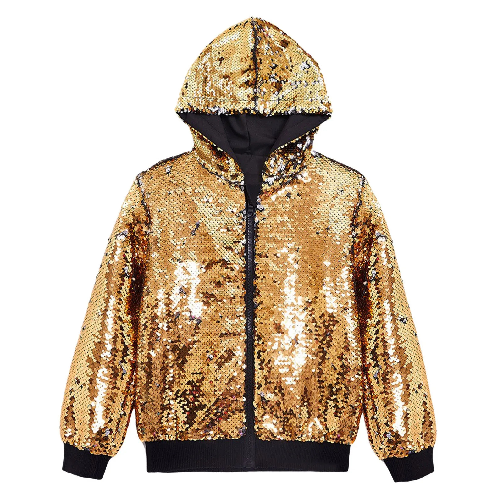 Mens Outdoor Hooded Jacket With Pocket Cool Long Sleeve Unisex Leisure Outerwear Overcoat Nightclub Party Sparkly Sequin Clothes 250218