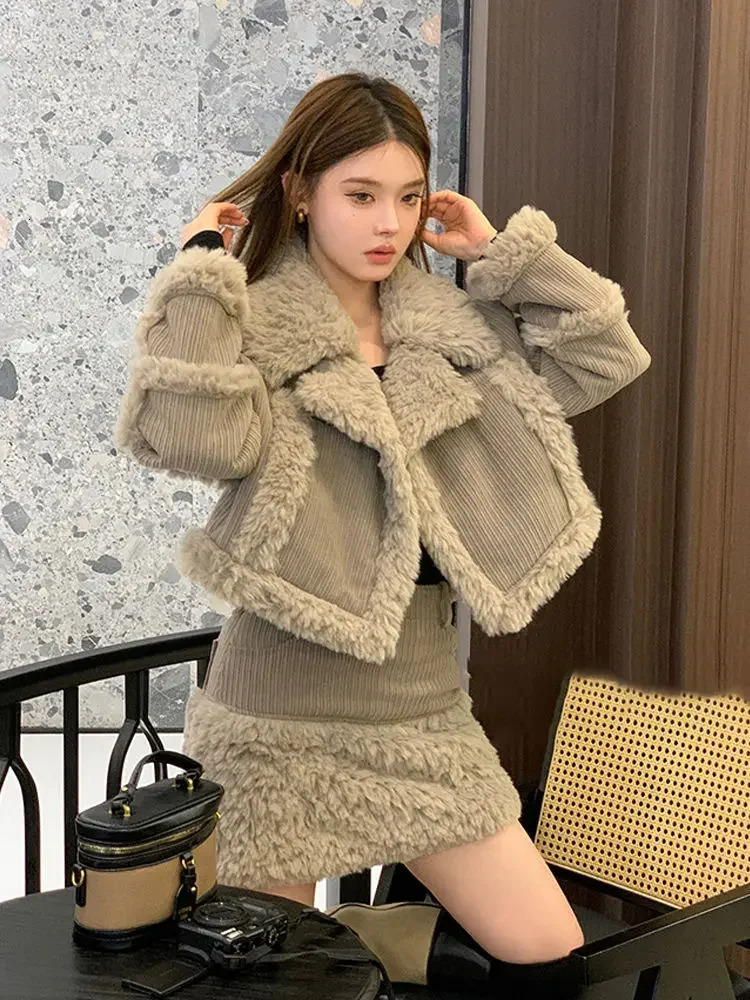 Retro style fashionable splicing furry short coat top high waist skirt twopiece suit winter womens clothing 250220