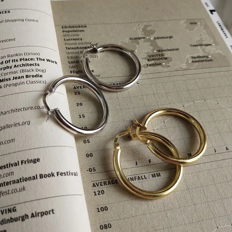 Silvology 3MM X 30MM Glossy Round Ring Earrings Gold 925 Pure Silver Texture Korean Earrings Womens Romantic Jewelry Gift 250219