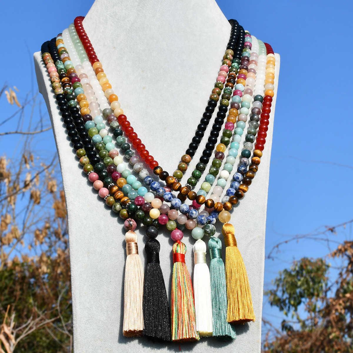 Pendant Necklaces Bohemian tassel long sweater chain womens high-end feeling tourmaline natural stone bead long necklace H25219
