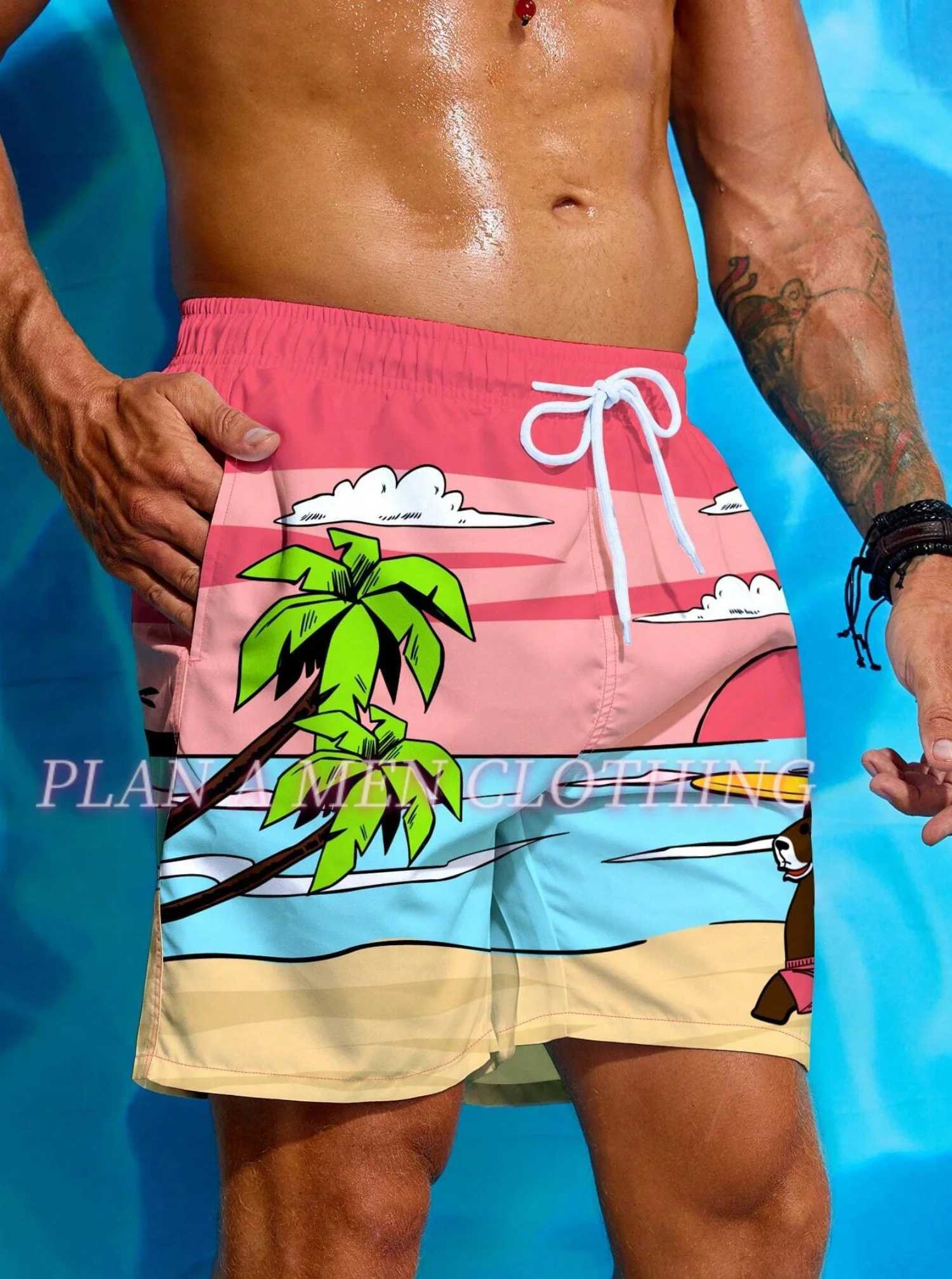 Summer Men Bear Print shorts Outdoors Exercise Adult Beachwear Hawaii Casual vacation shorts and surfing shorts men clothing X250220