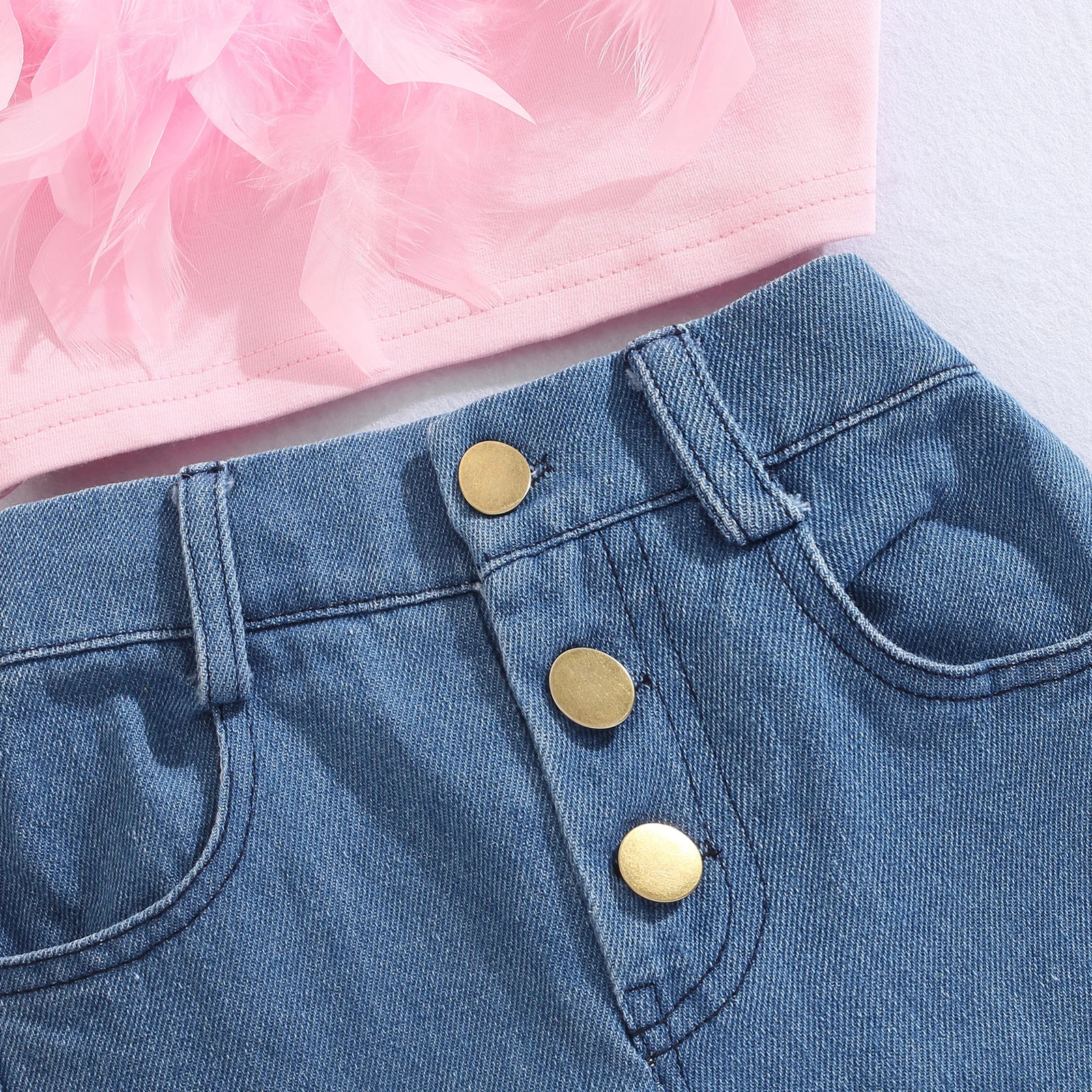 Girls Summer Clothing Outfit Sets Fashion Kid Children Pink Sleeveless Feather Camisole Denim Pants with Pockets 250220 - view 6