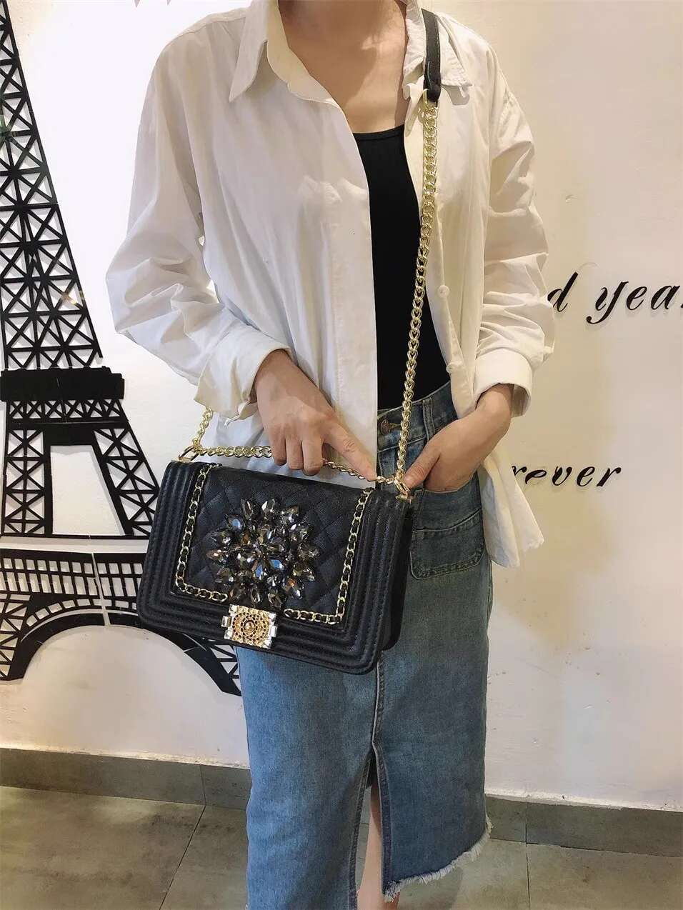 High Quality Textured Leather Fashion Plaid Square Crystal Shiny Rhies Women Handbag Shoulder Messenger Bag Lady Purse