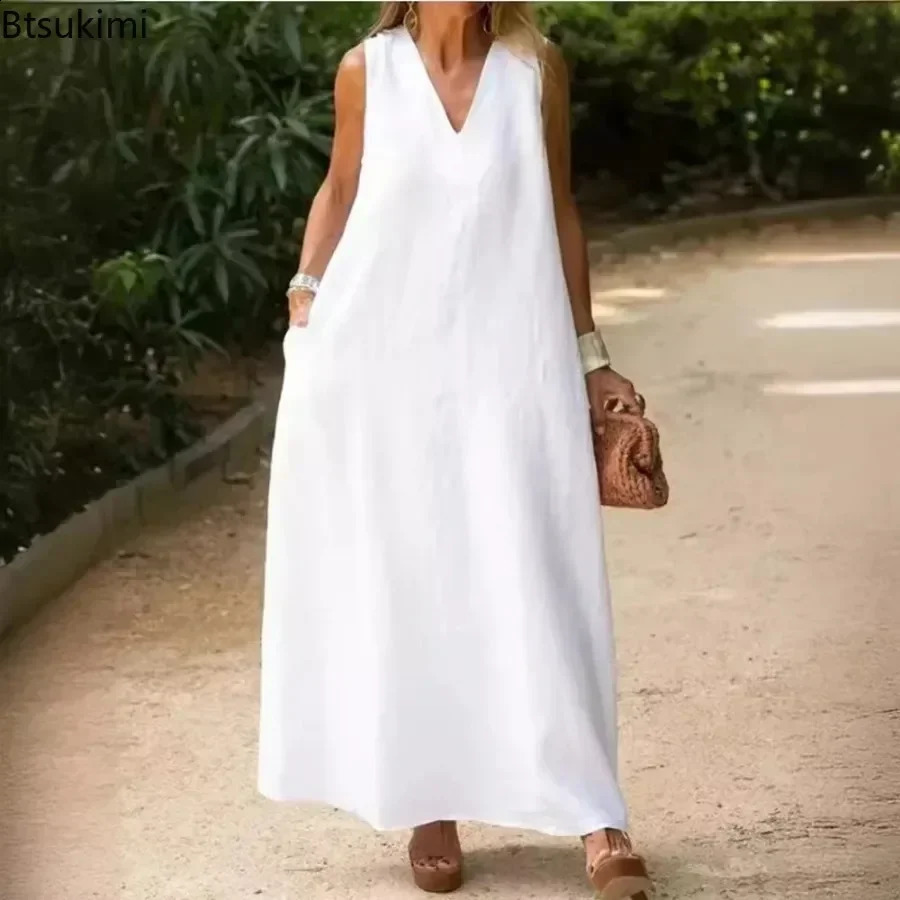 Summer Deep V Sleeveless Long Dresses for Women Simple Elegant Loose Casual A-line Dress Women Cotton Linen Tank Maxi Dress 250220