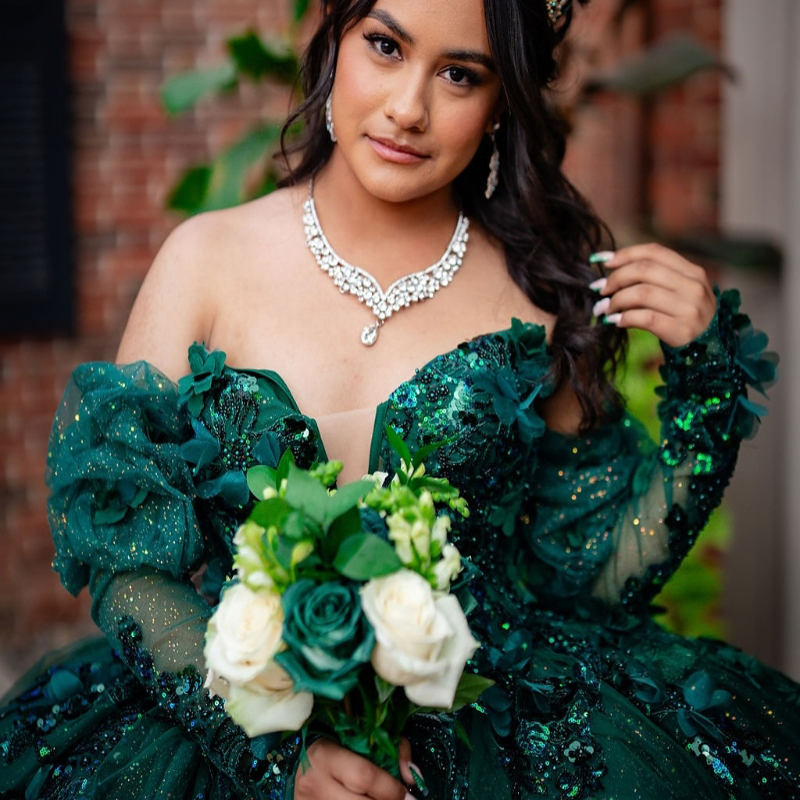 Blackish Green Shiny Quinceanera Dresses Ball Gown Off The Shoulder Applique Lace Beads Tull Party Birthday Sweet 16 Dress Vestido 15 De Anos