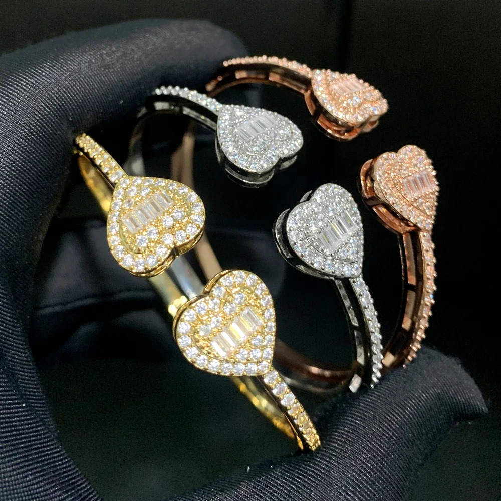Arrived Iced Out Bling Women Jewelry High Quality Micro Pave 5A CZ Double Heart Charm Open Bangle Bracelet 250213