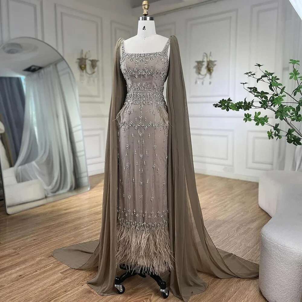 Mermaid Caramel Ankle Length Evening Dresses Gowns Beaded Feather Evening Party Customize