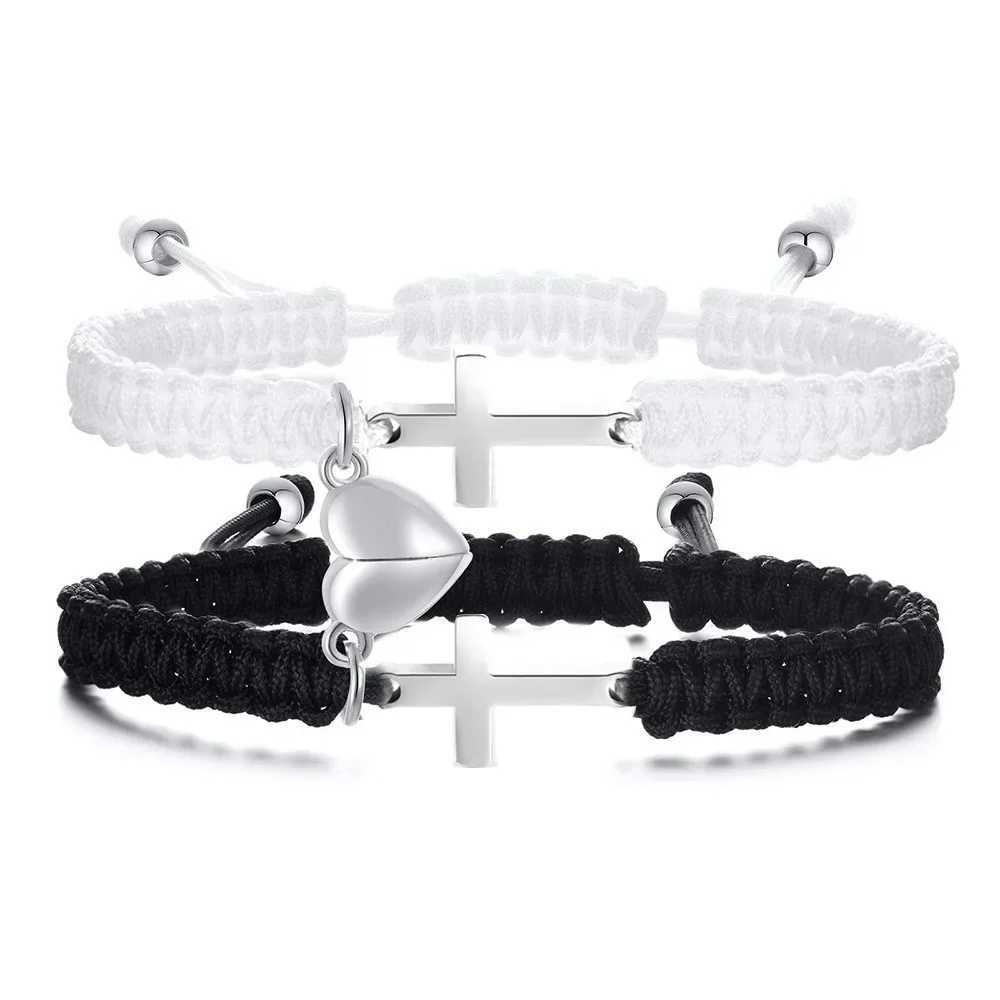 Fashion Magnetic Heart Couple Infinity Bracelets For Women Men Stainl Steel Cross Charm Braided Rope Chain Bangle JewelryXJ250219