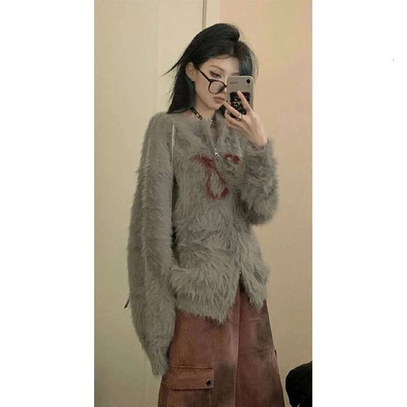 Y2K Aesthetic Knitted Cardigan Women Haruku Oversized Print Sweater Outerwear Gothic Long Sleeve Knitwear Winter Jumpers New