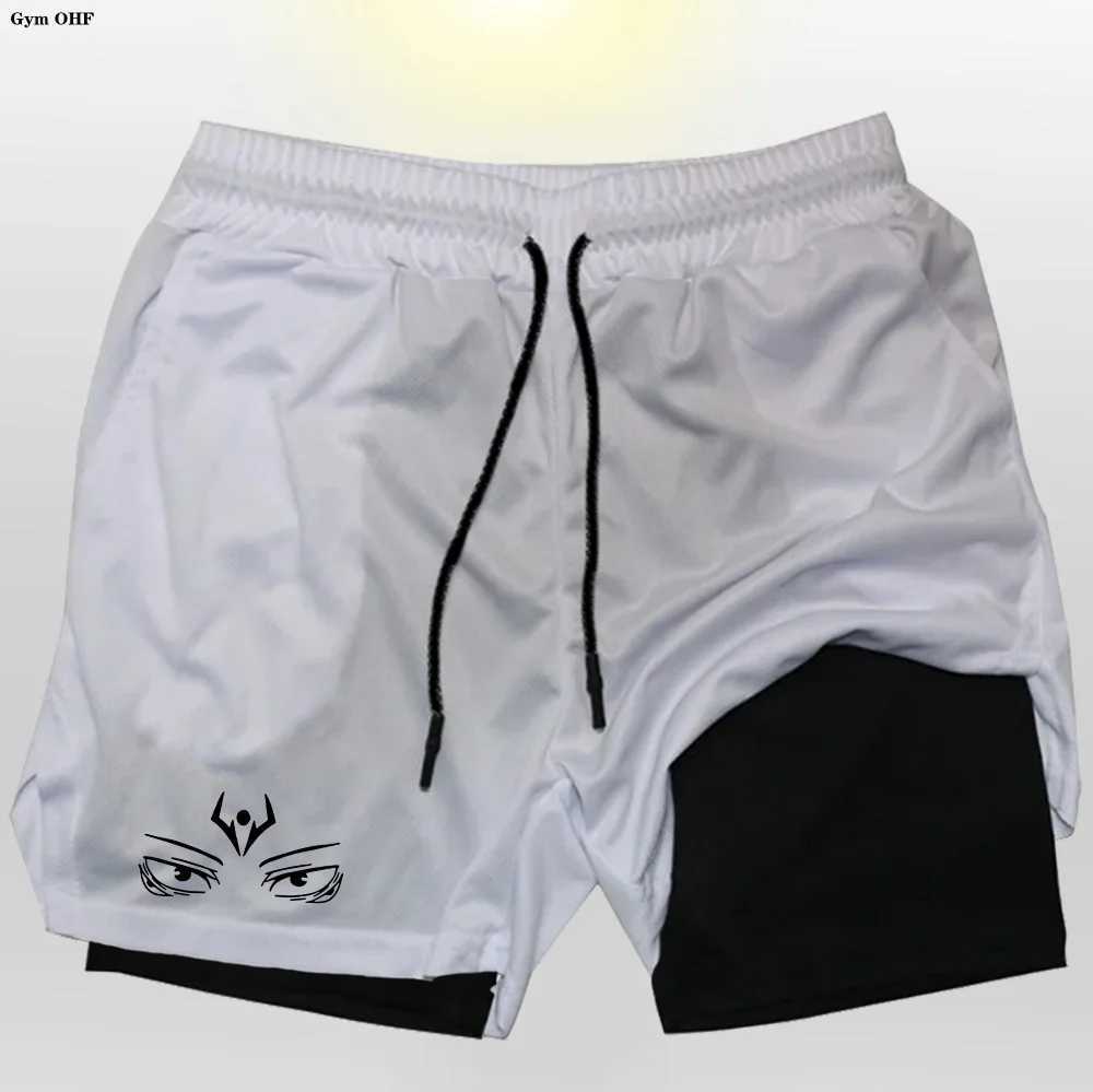 Anime Mens Shorts Double Layer Fitness Shorts Men Gym Training 2 in 1 Sport Shorts Quick Dry Workout Jogging Double Deck Summer X250220