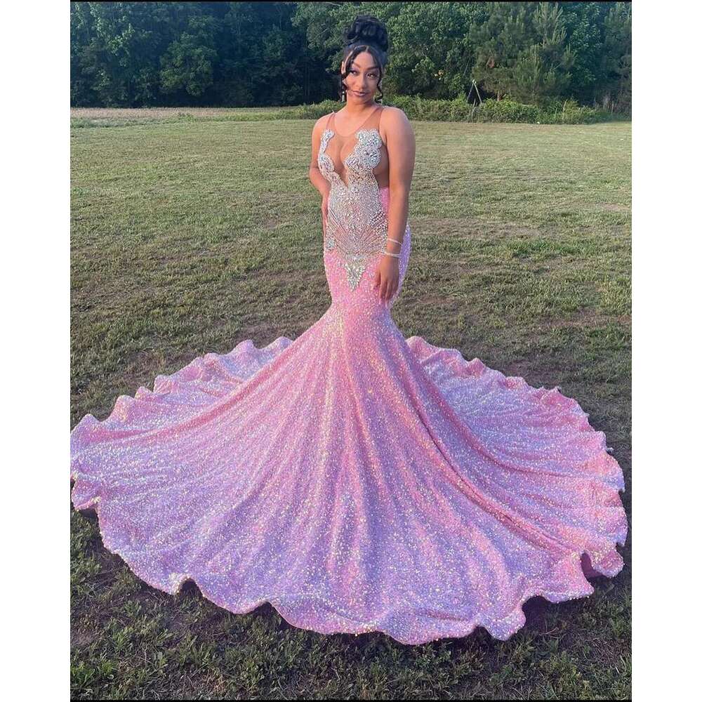 Real Image Long Gowns 2025 Sexy Mermaid Style Pure Mesh Silver Diamond Black Girls prom Pink Laces Graduation Ball Gown