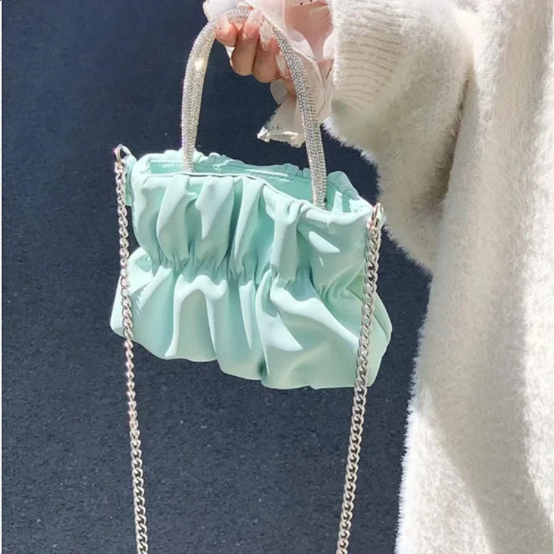 Rhinestone Portable Shoulder Bag Female Summer Ladies Party Pleated Cloud Chain Crossbody Solid Color Evening Bags 250218