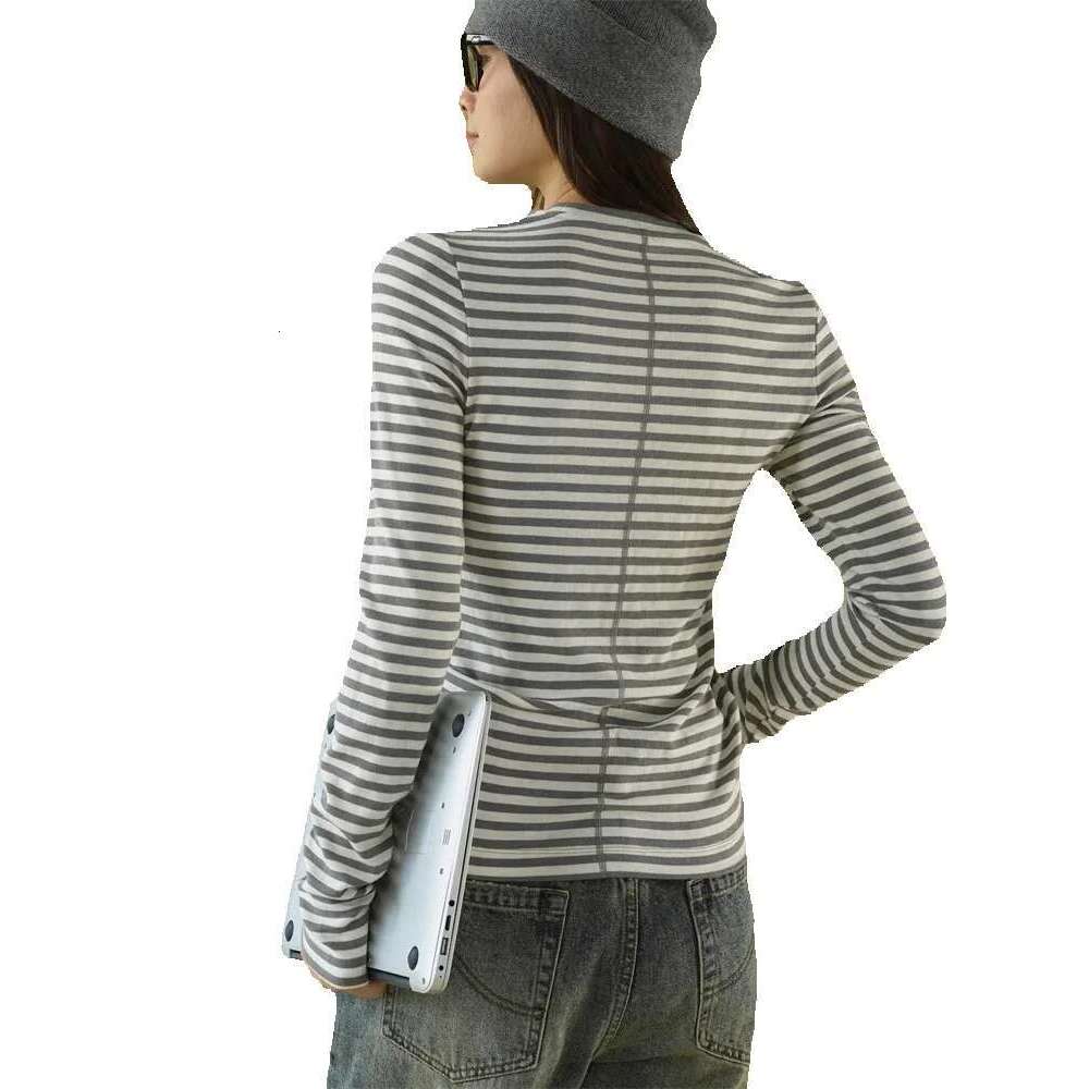 2025 Early Spring Simple Contrasting Striped T-Shirt Women Slim Casual Tees Black White/Red White/Gray White