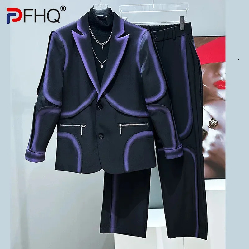 PFHQ Tie-dyed er Gradient Suit Set Loose Casual Shoulder Padded Jacket Two-piece Sets Long Sleeve Contrast Color 21E1254 250220