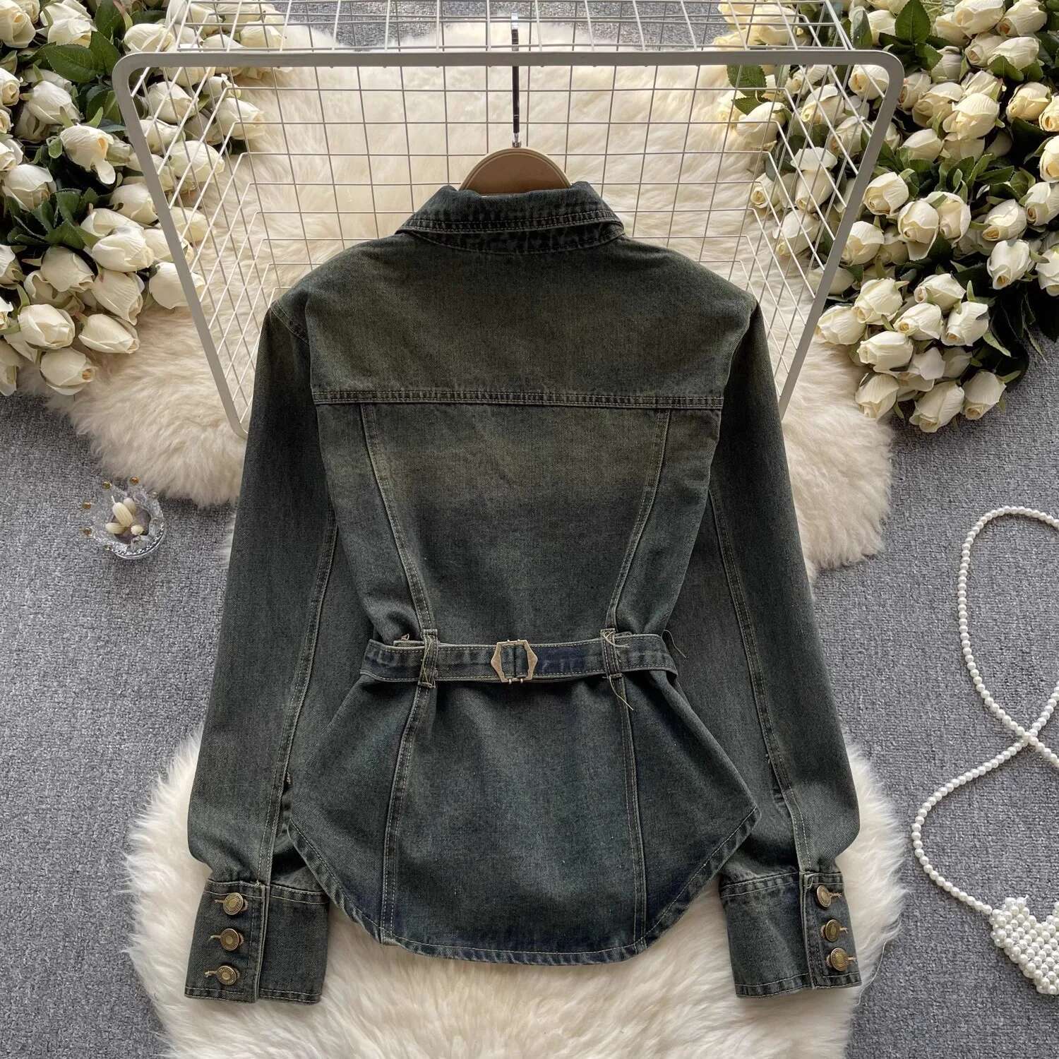 Vintage Washed Distressed Denim Jacket Autumn Women's Single-Breasted Tunic Shirt Long Sleeve Turn-Down Collar Jean Blouses Tops