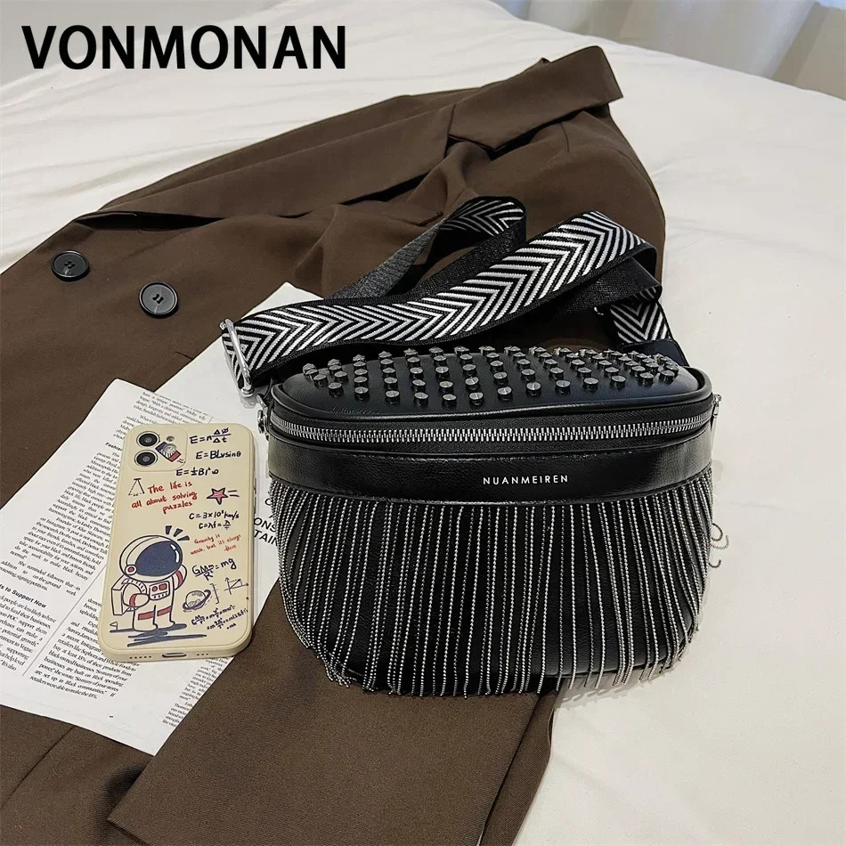 Luxury Woman Chest Bag Fashion Tassel Leather Large Capacity Crossbody Sling Women Waist Casual Rivet Design Travel Sac 250219