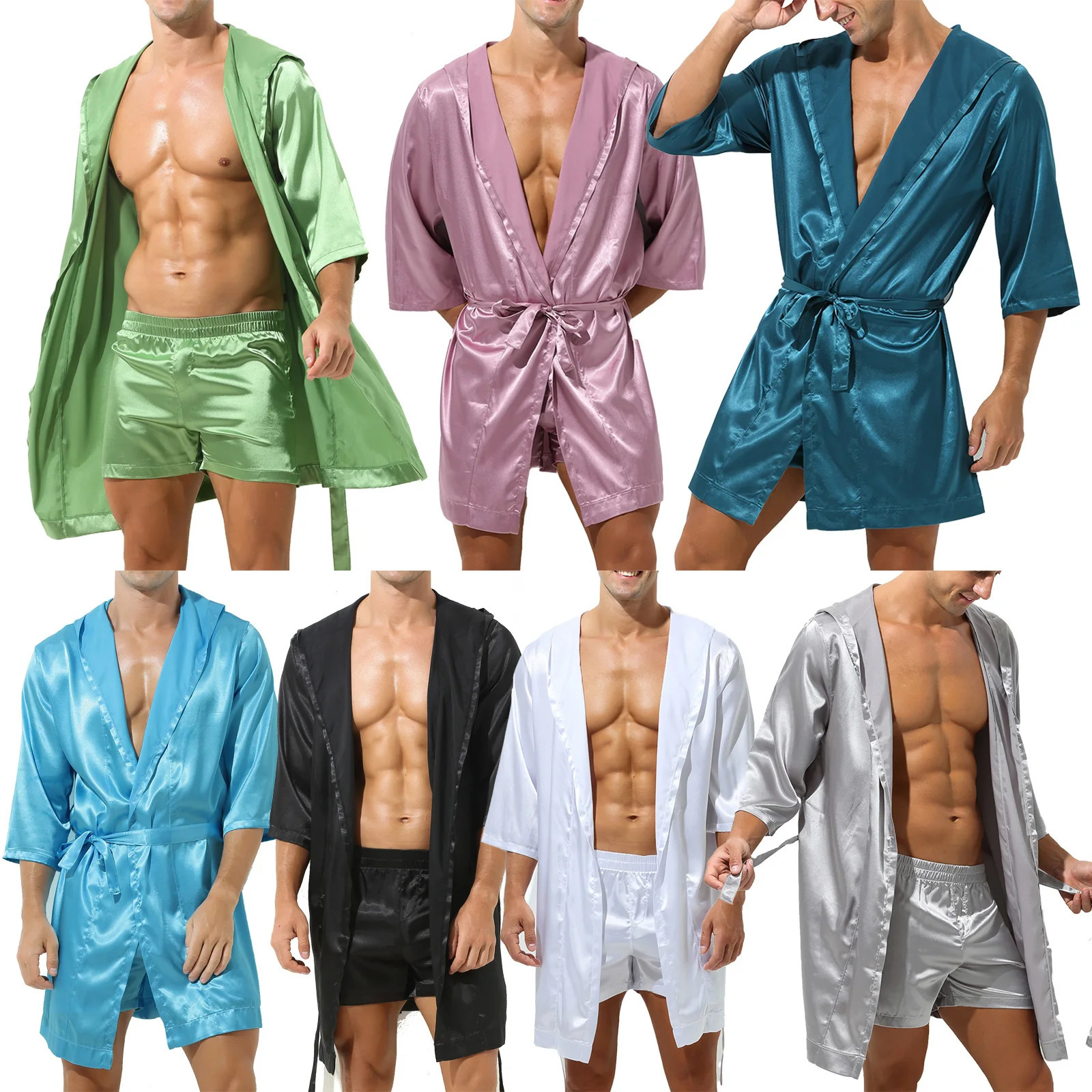 Mens Sleepwear Robe Satin Pajamas Tops Open Front Hooded Nightrobe Belted Kimono Half Sleeve Bathrobe without Shorts Nightwear 250220