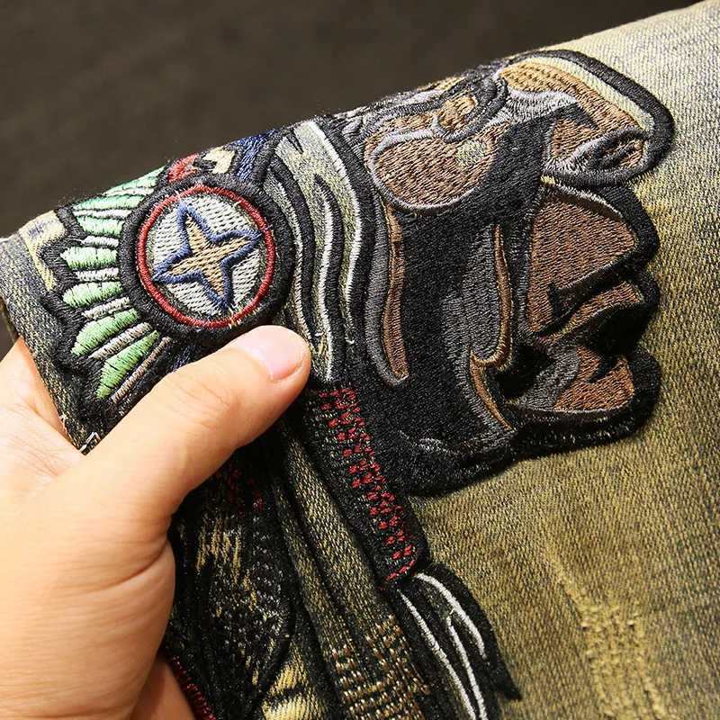 Autumn Winter Embroidered Ripped Jeans for Men Slim Fit Stretchy Trendy Vintage Washed Denim Pants X250220