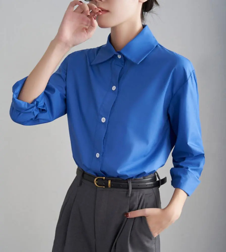 Womens Blue Shirt Spring And Autumn Long Sleeve Solid Color Casual Outdoor Top Korean Style Blouses For Ladies Fashion Shirts 250219