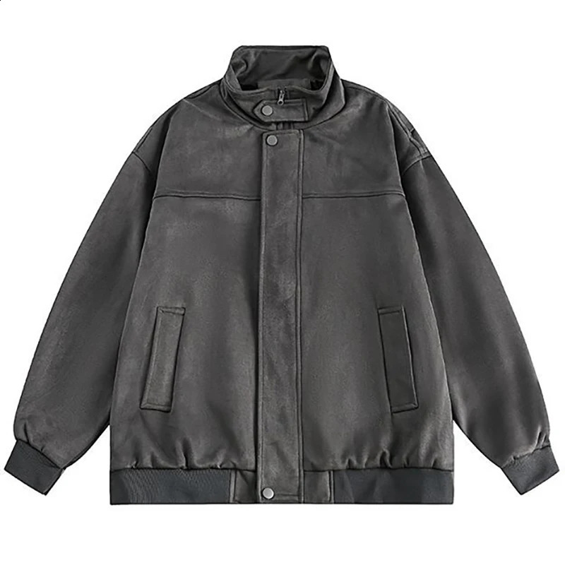 Chamois Mens Bomber Jacket Japanese Solid Color Winter Baseball Leather Jackets Male Coat Return Stand Collar Hunting 250218